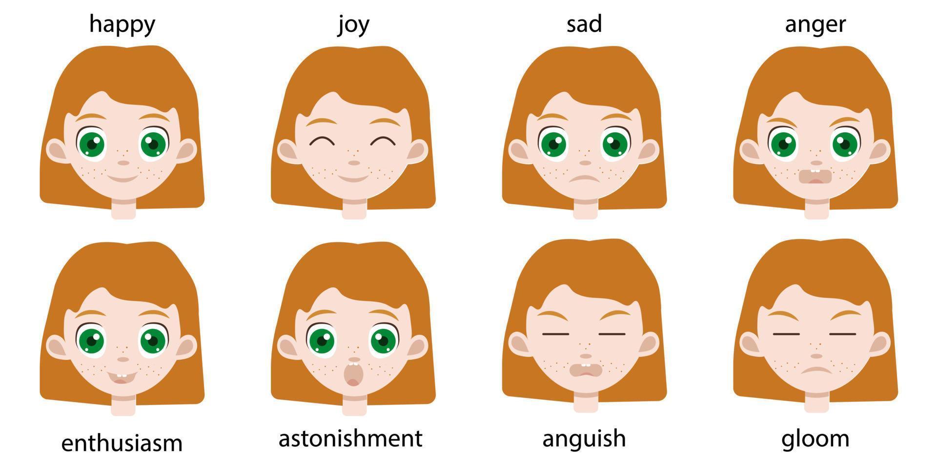 Set of different happy and sad emotions on a red hair toddler girl face. Cute irish baby portrait with green eyes for avatar vector