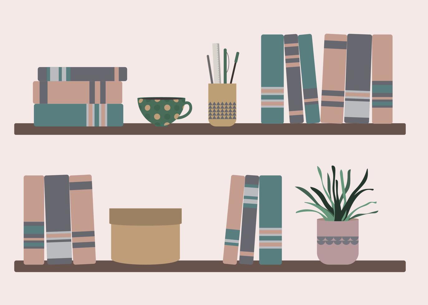 lindos estantes con libros para el interior de la biblioteca en casa vacía. Diseño de antecedentes educativos con café, plantas y literatura universitaria. concepto de hobby de lectura en estilo retro plano. vector