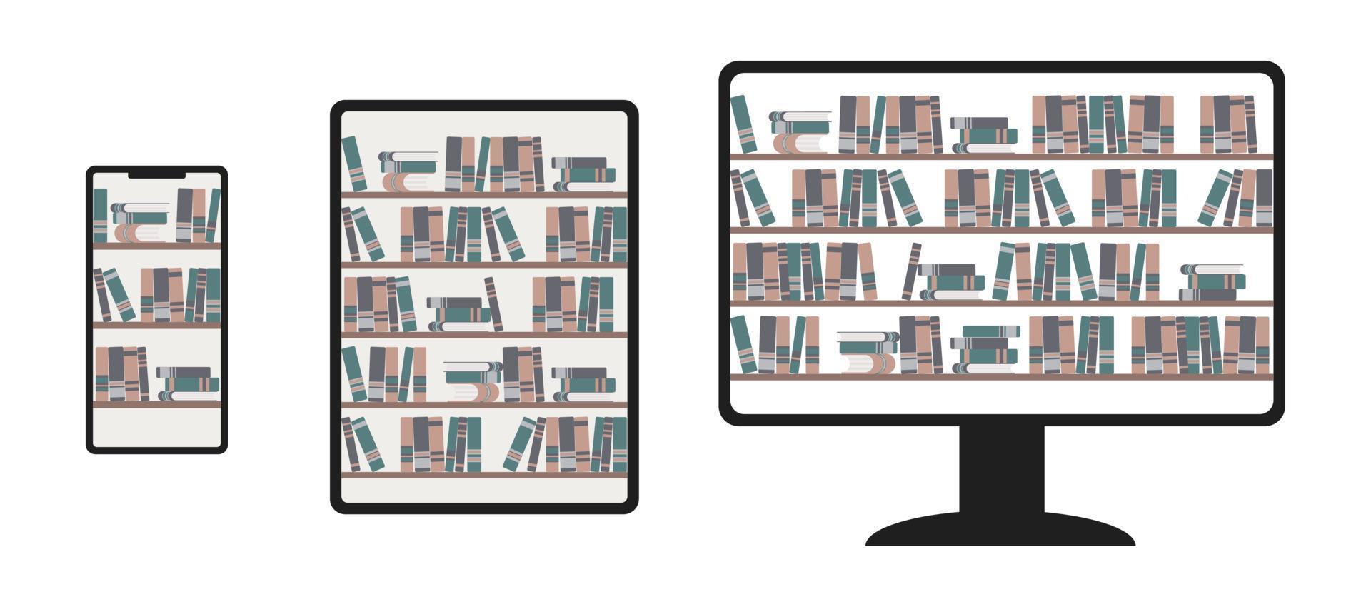 Stack of books on shelves in online library on phone, tablet and desktop. Set of elemnt for digital bookstore illustration. Storage for documents and university literature in application. vector