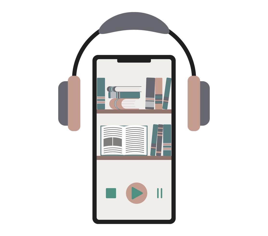 Listen audio books and business literature with headphone and mobile. Earphones for entertainment or broadcast - just click play button to turn on sound. vector