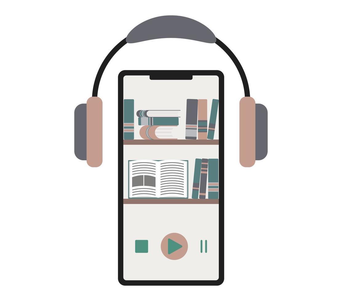 Escuche audiolibros y literatura comercial con auriculares y teléfono móvil. Auriculares para entretenimiento o transmisión: simplemente haga clic en el botón de reproducción para encender el sonido. vector