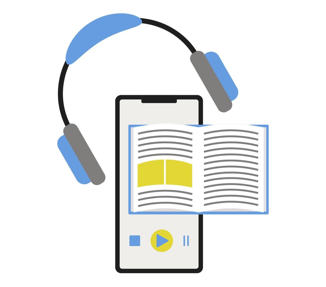 escuchar audiolibros con concepto de auriculares. biblioteca en línea en su teléfono con librería para educación y pasatiempos. tecnología de estudio inteligente en el dispositivo. vector