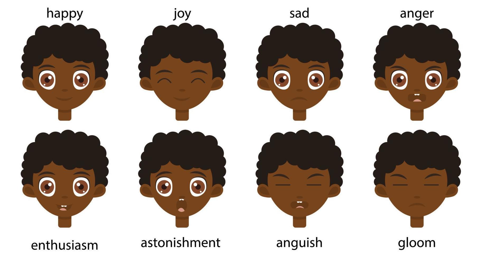 colección de diferentes emociones felices y tristes en la cara de un niño para avatar o pegatinas. lindo retrato de niño negro con ojos marrones. vector