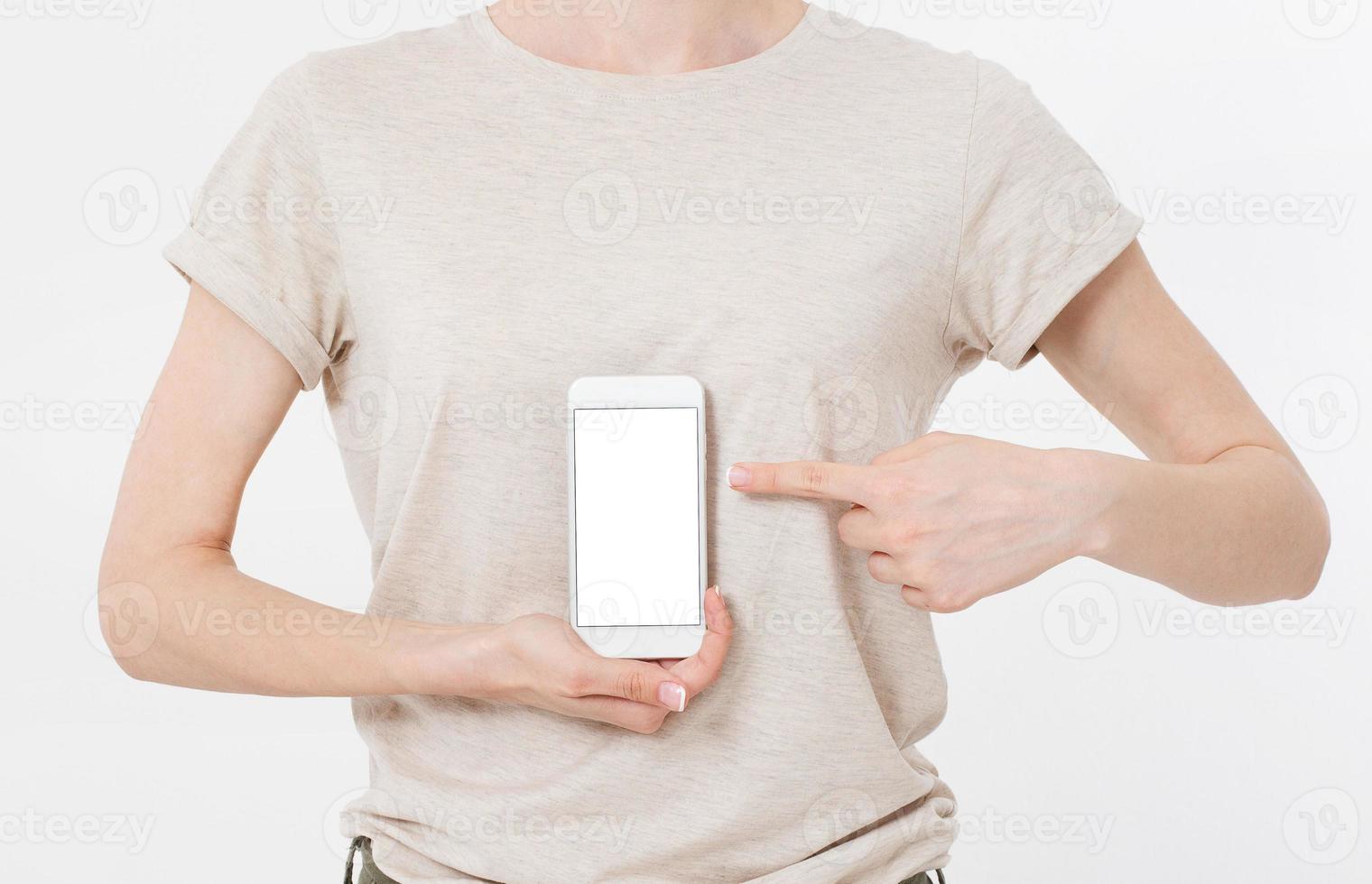 female hand hold mobile phone isolated on white, woman holding phone with empty display,blank screen,touching photo