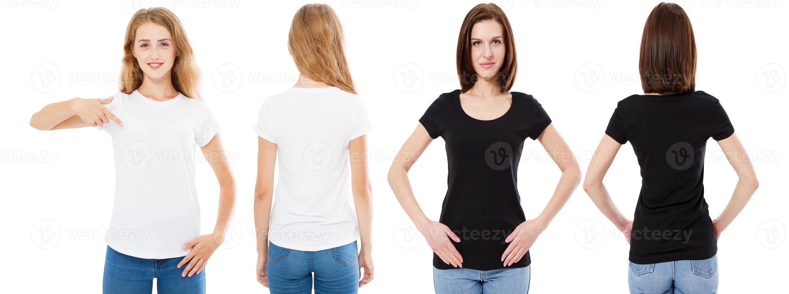 T-shirt set. Front and back view Brunette and Blonde in white and black t shirt isolated. Two girl in blank shirt, Mock up, Collage, Copy space, Template photo