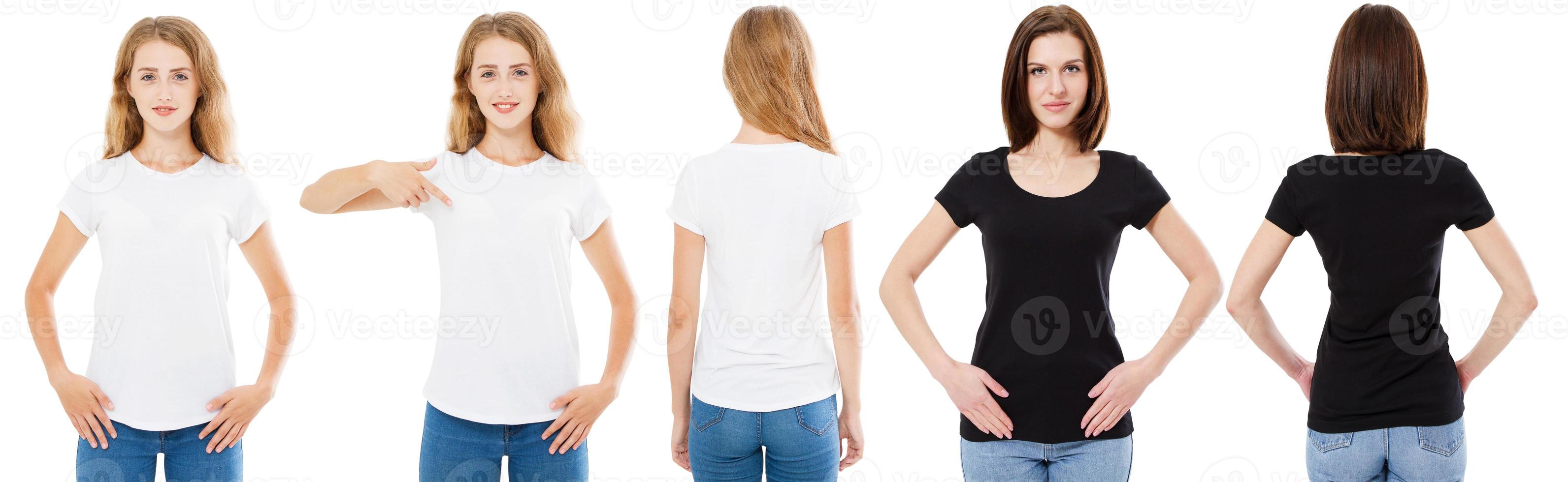 T-shirt set. Front and back view Brunette and Blonde in white and black t shirt isolated. Two girl in blank shirt, Mock up, Collage, Copy space, Template photo