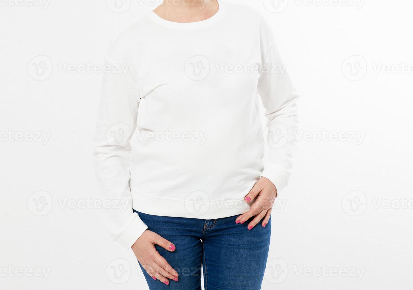 White long sleeve t-shirt on smile middle aged woman in jeans isolated, front , mockup cropped image photo