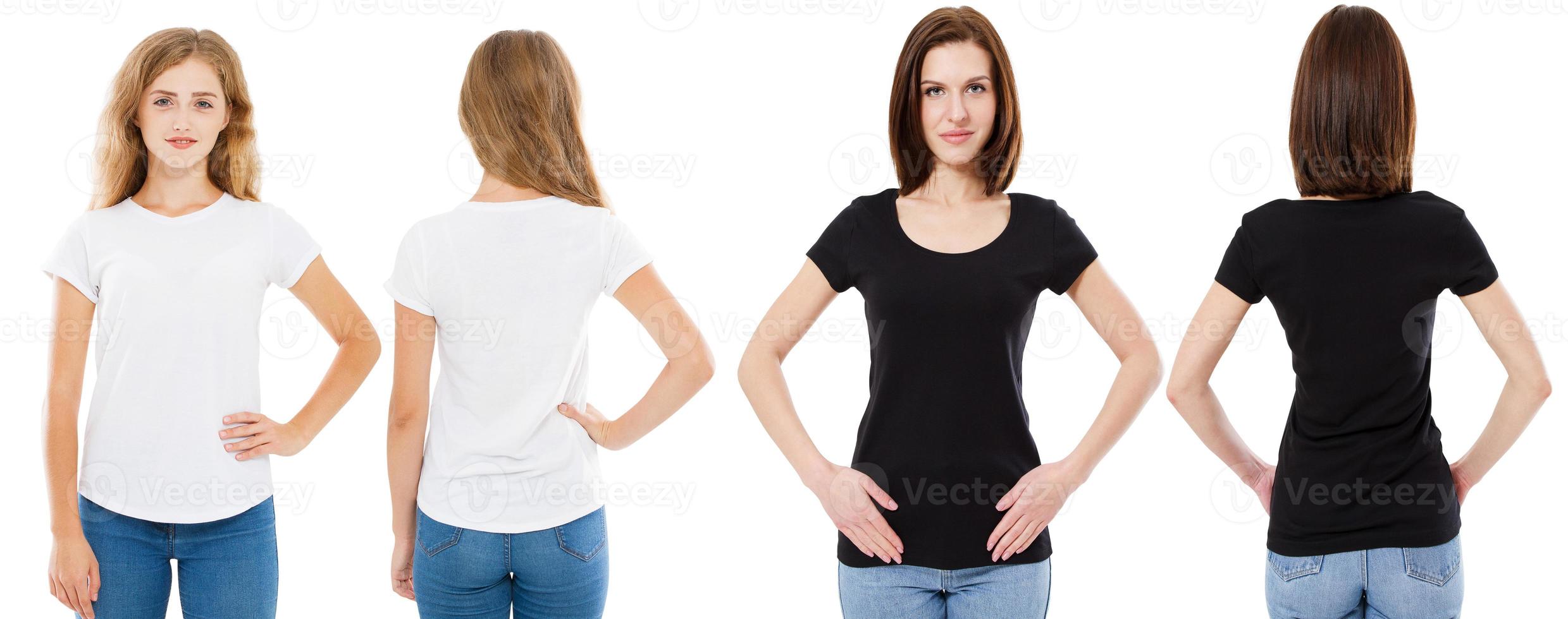 T-shirt set. Front and back view Brunette and Blonde in white and black t shirt isolated. Two girl in blank shirt, Mock up, Collage, Copy space, Template photo