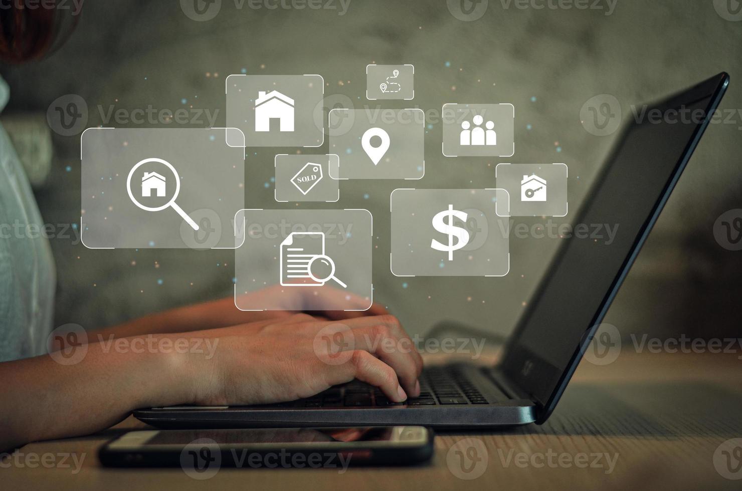 Businesswoman using computer for selling and listing real estate Brokers and secretaries real estate investment housing project real estate development real estate buy a house online photo