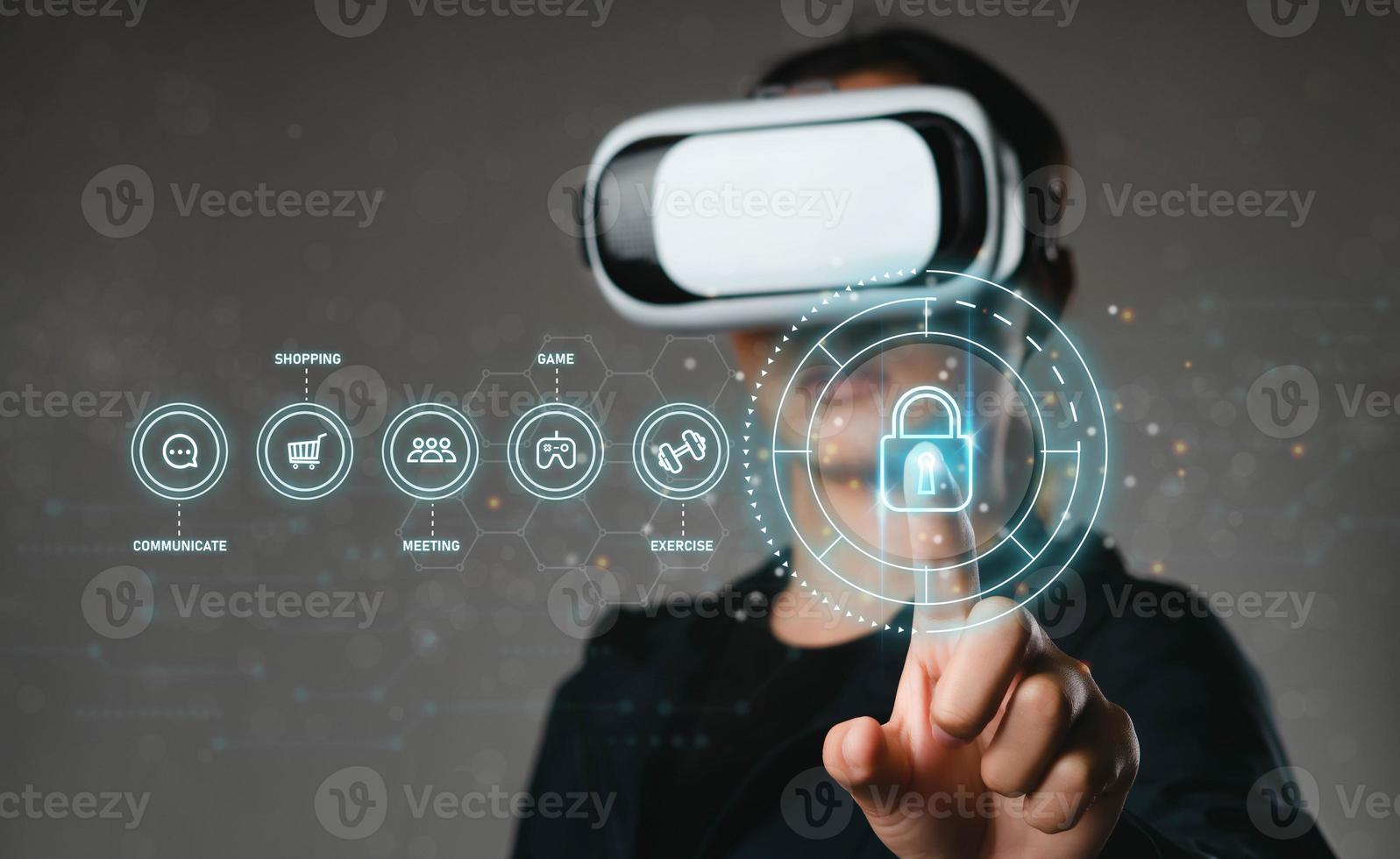 Woman wearing VR goggles connecting to internet metaverse system with exercises, games, meetings, shopping online. and communication in the metaverse, the digital technology of the future photo