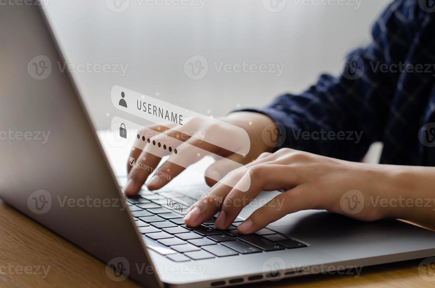 Logging in in cybersecurity and privacy concepts to protect data with login icon and internet network security technology A businessman presses a computer to protect personal information. photo