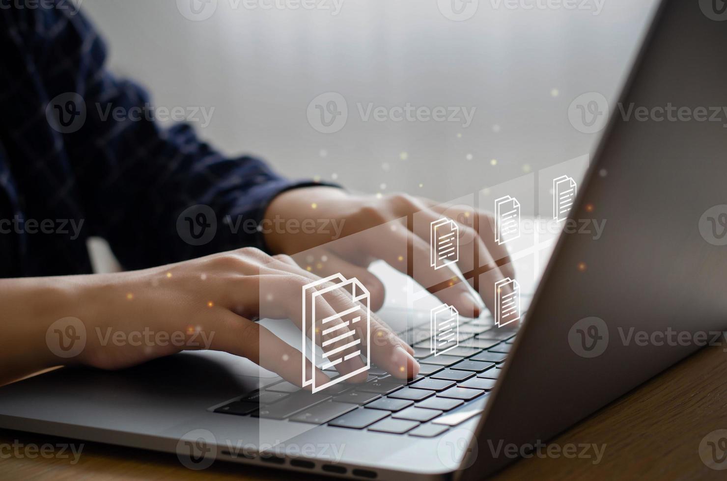 business man who uses a computer to manage documents document management concept digital document online document database and digital file storage systems, record-keeping software database technology photo