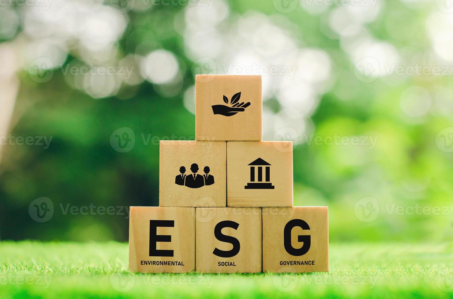 Environmental conservation and sustainable modernization of ESG using renewable resource technologies to reduce pollution. icon on wooden block green background photo