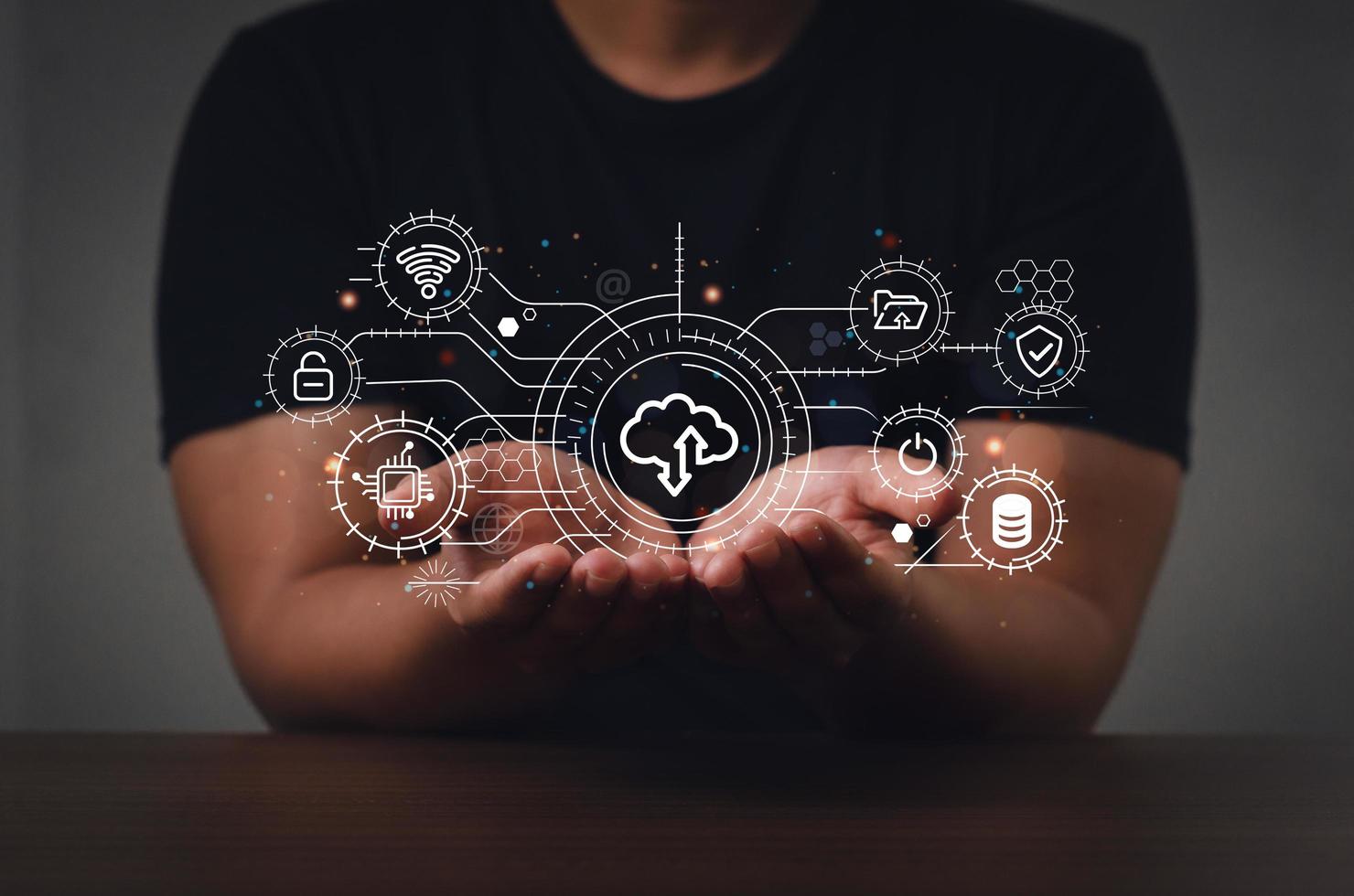 IT technology and support concept vector illustration with digital network related icons. Hands out with chart and graph icons on digital screen interface and business man in background. photo