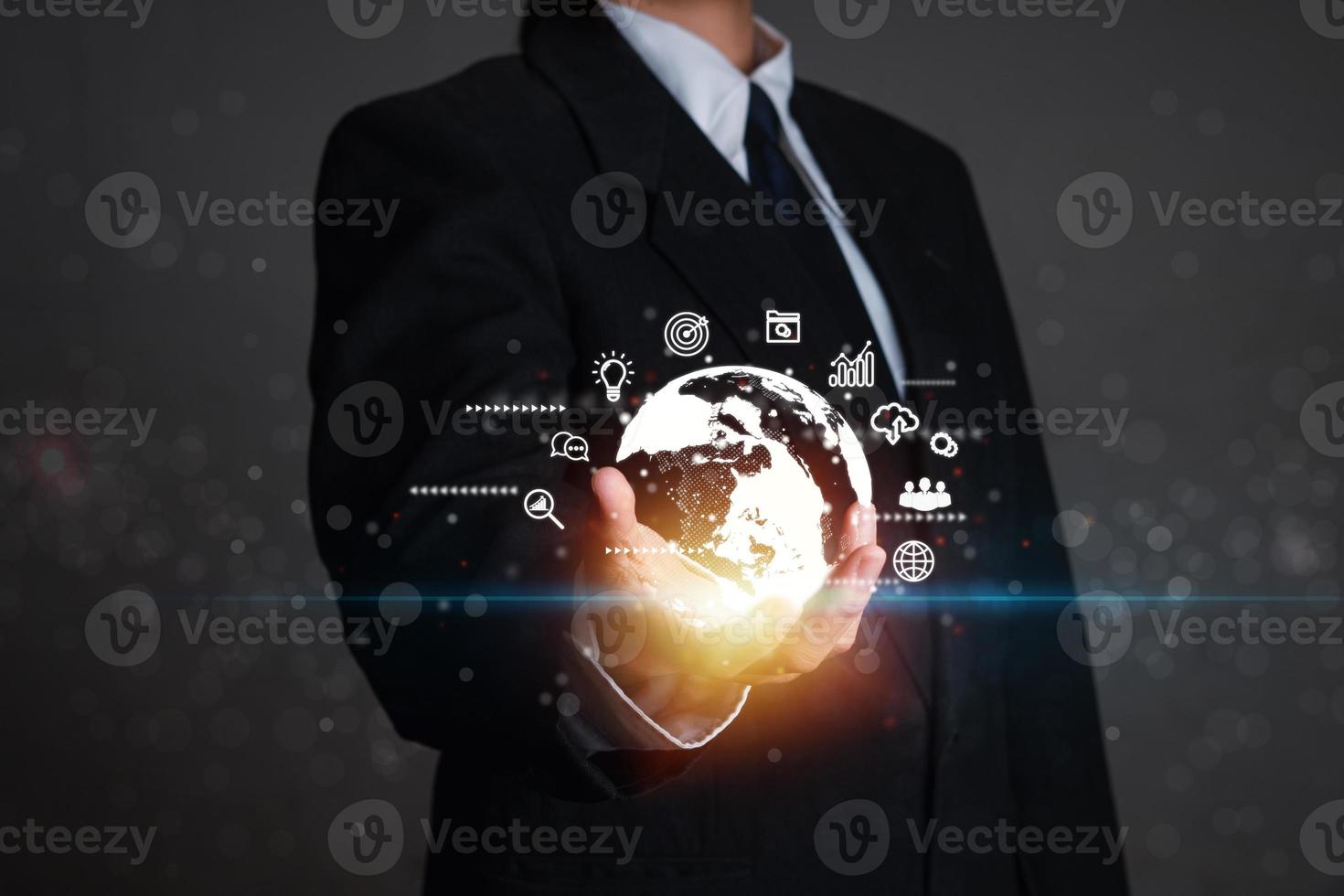 Business people hold a network structure like global internet connection metaverse. Global business internet connection application technology and digital marketing. Finance and Banking digital techno photo