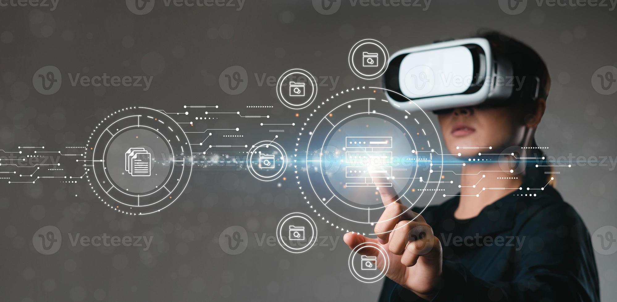 Woman wearing VR glasses, global internet connection, virtual metaverse, document management system. Metaverse technology concept, icon, efficient file management. future technology virtual world meta photo