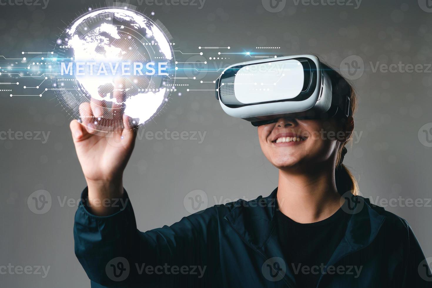 Women wearing VR goggles, Metaverse's global internet connection, Metaverse's digital cyberspace, and metaverse virtual reality experiences for the future of business. Creating a virtual reality photo