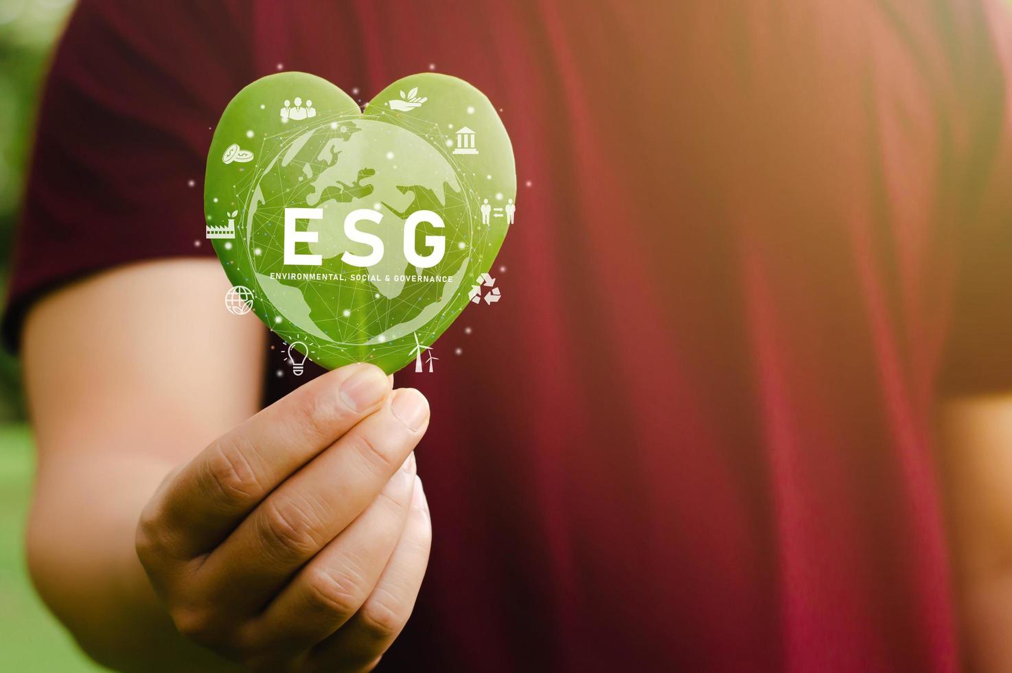 Green Energy ESG Renewable and Sustainable Resources in environmental protection and ecology Close-up of a young man holding a heart-shaped green leaf present to the camera photo