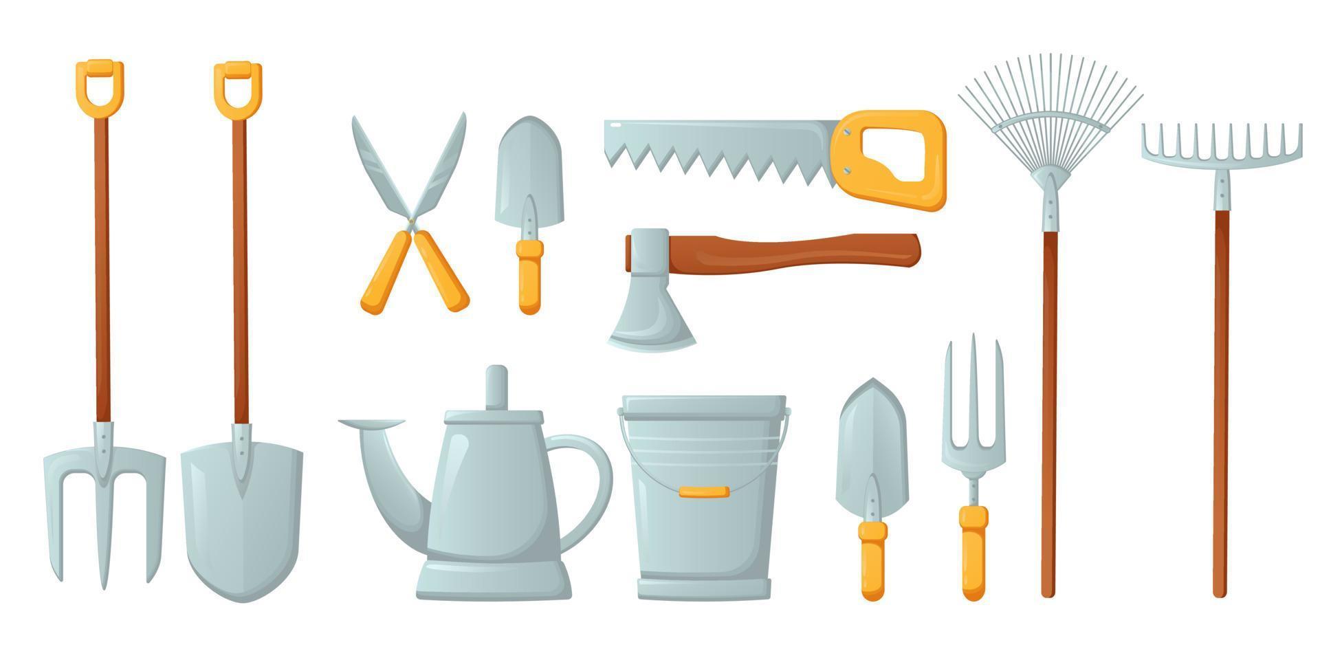 Gardening tools set isolated on white background. Shovel, bucket, pitchfork, rake, pruner, ax, saw, watering can, garden shovels and fork for loosening the earth. Vector illustration in a flat style.