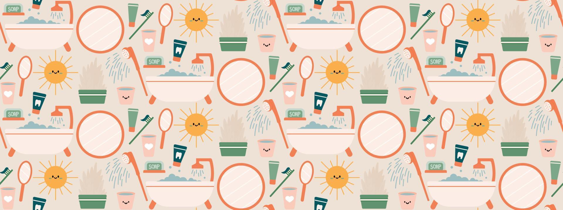 Seamless repeating bathroom pattern with shower and personal care items. Morning and evening routine. Vector illustration.