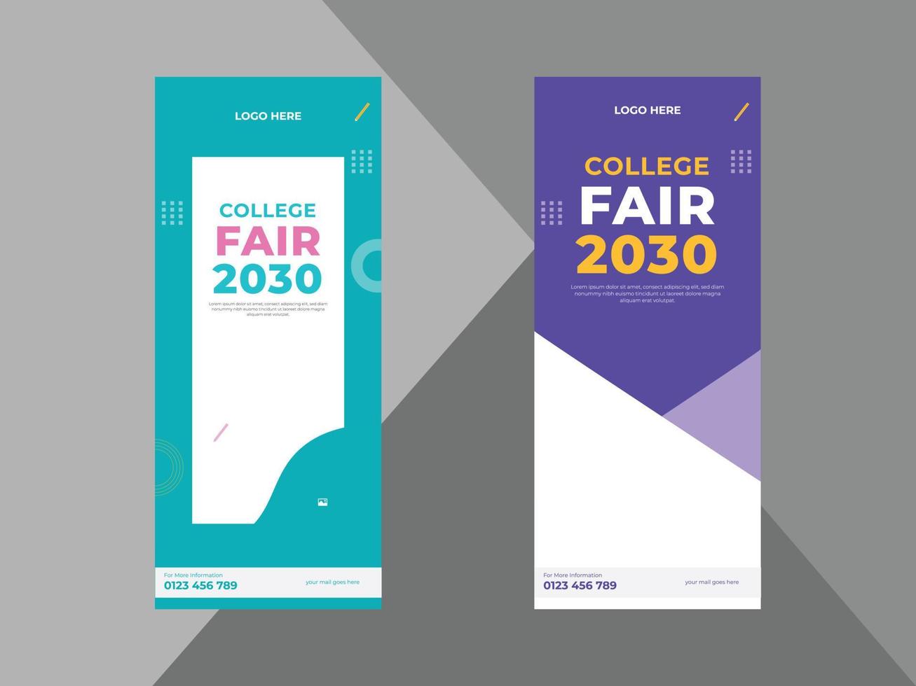 college fair roll up banner design template. college conference poster leaflet design. cover, roll up banner, poster, print-ready vector