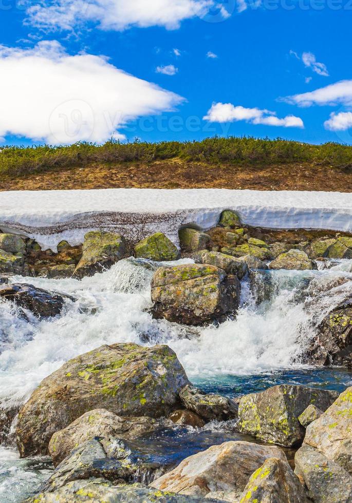 Beautiful Storebottane river vavatn lake with snow Hemsedal Norway. photo