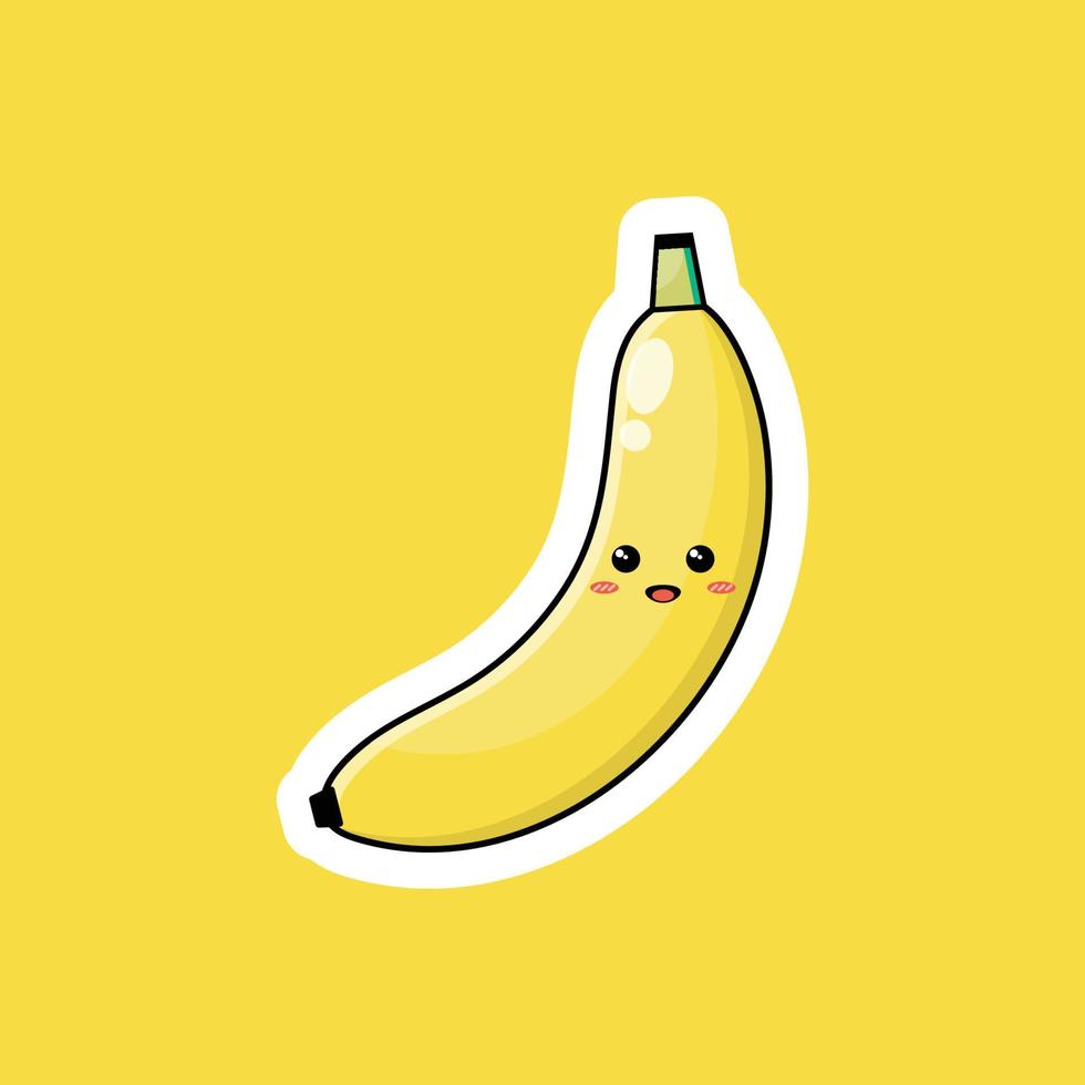 lindo personaje de dibujos animados de frutas con feliz expresión sonriente. diseño vectorial plano perfecto para iconos de promoción promocional, mascotas o pegatinas. Ilustración de cara de fruta de plátano maduro. vector