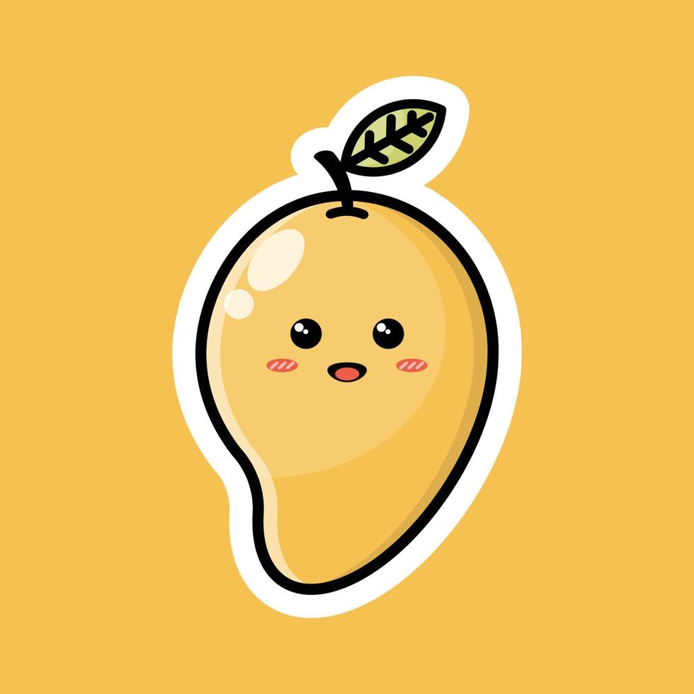 lindo personaje de dibujos animados de frutas con feliz expresión sonriente. diseño vectorial plano perfecto para iconos de promoción promocional, mascotas o pegatinas. Ilustración de cara de fruta de mango maduro. vector