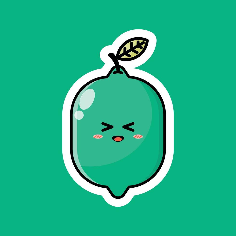 Cute fruit cartoon character with happy smiling expression. Flat vector design perfect for promotional endorsement icons, mascots or stickers. Green lemon fruit face illustration.