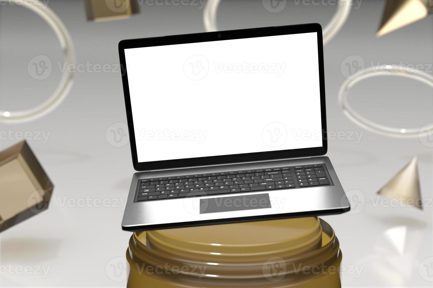 Maqueta de pantalla de computadora portátil sobre pedestal de cilindro triple con pantalla de escenario de presentación de producto de fondo por representación 3D foto