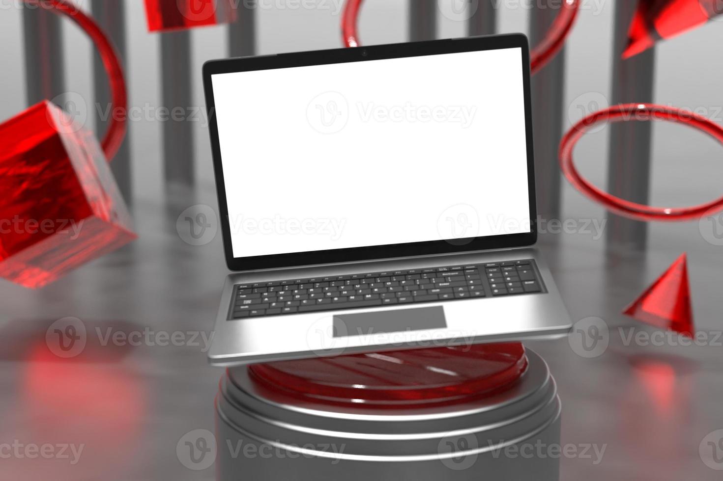 Laptop computer screen mockup above triple cylinder pedestal with background product presentation stage display by 3d rendering photo