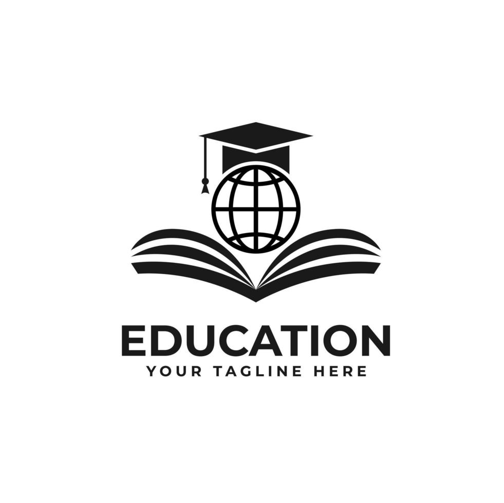 University Online Education Logo Design With Graduation Caps, World, Books Icon Vector