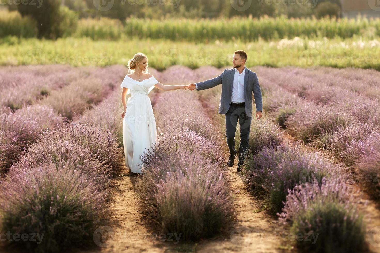 bride and groom on in the lavender field photo