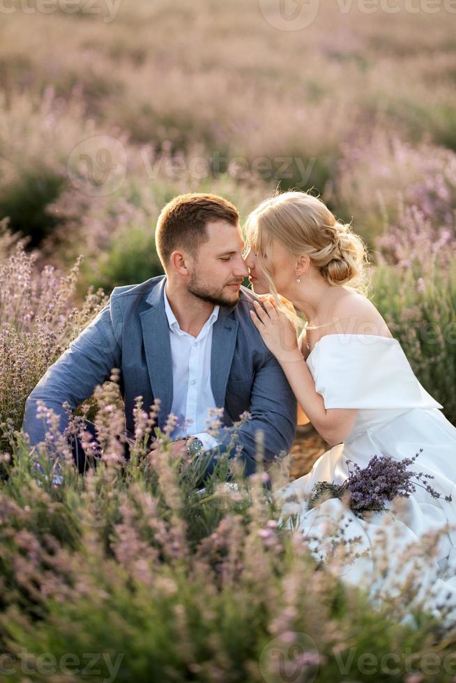 bride and groom on in the lavender field photo