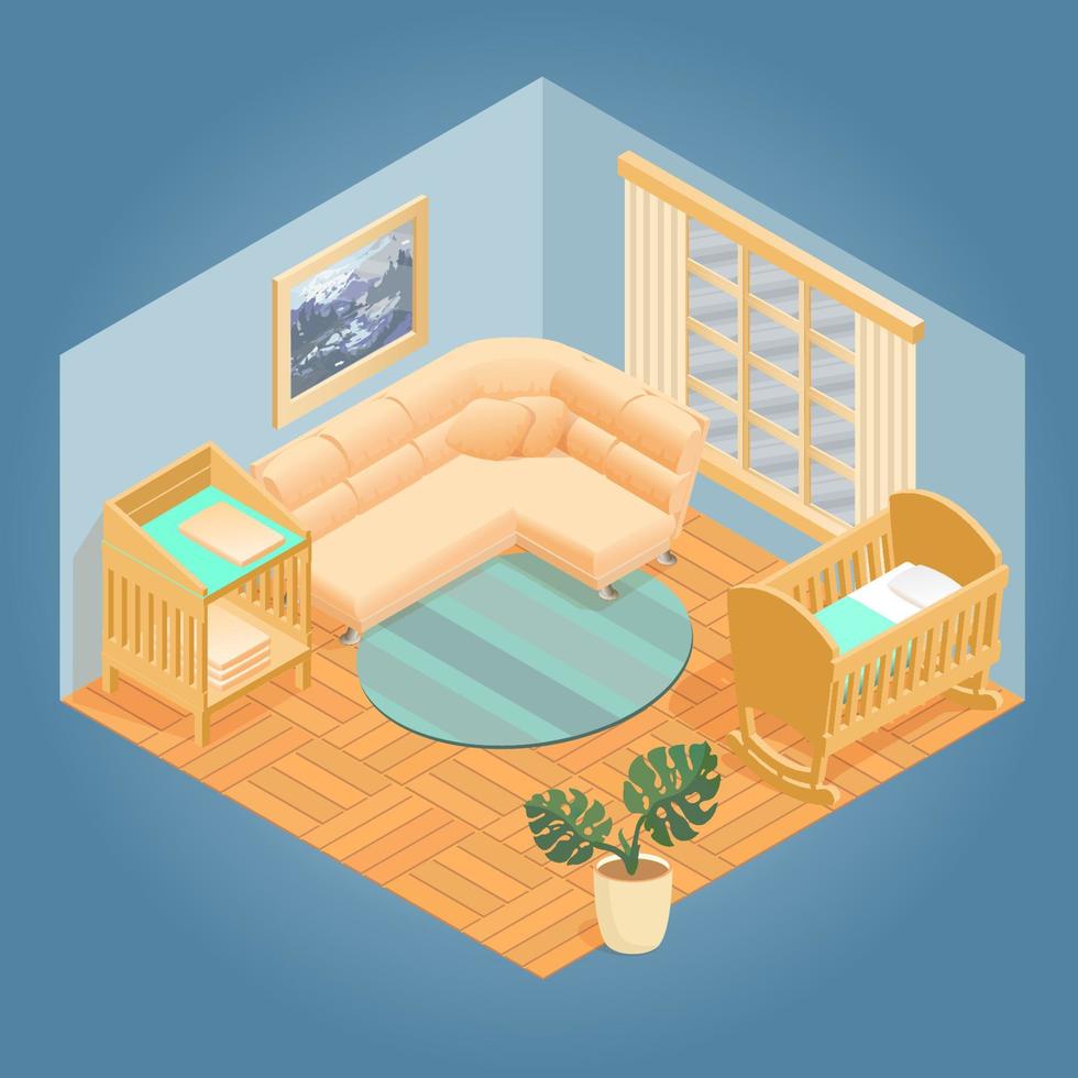 Interior of Room for Baby. Isometric Furniture Set. vector