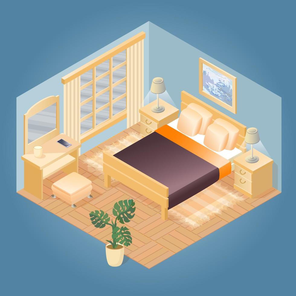 Interior of Bedroom. Isometric Furniture Set. vector