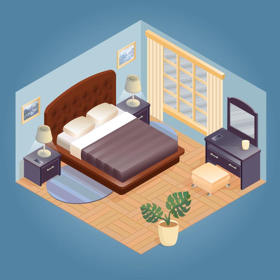 Interior of Bedroom. Isometric Furniture Set. vector