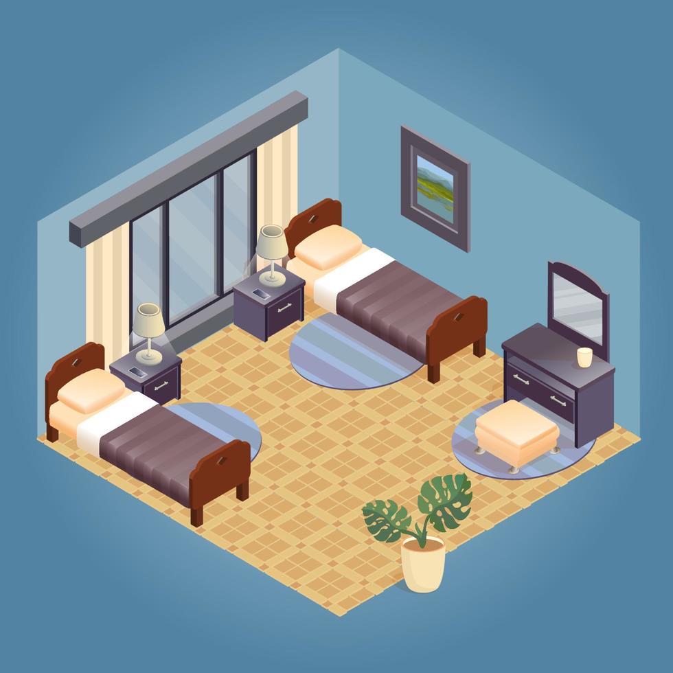 Interior of Room With Two Beds. Isometric Furniture Set. vector