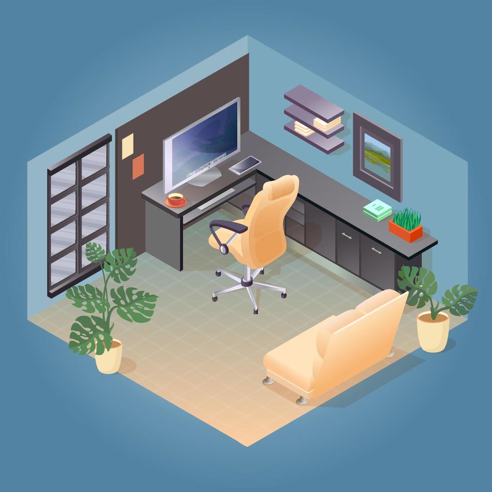 Interior of Room for Working. Isometric Modern Furniture Set. vector