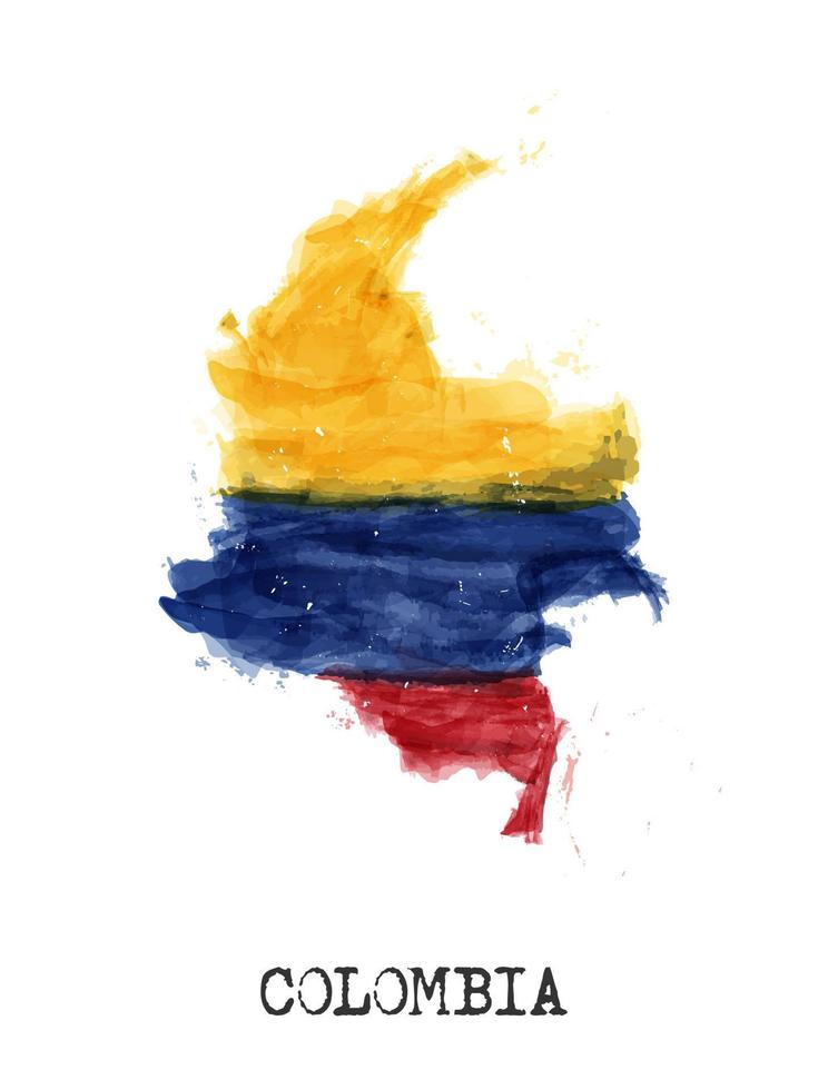 bandera de colombia y mapa diseño de pintura de acuarela. forma de país de dibujo realista. fondo blanco aislado. vector. vector