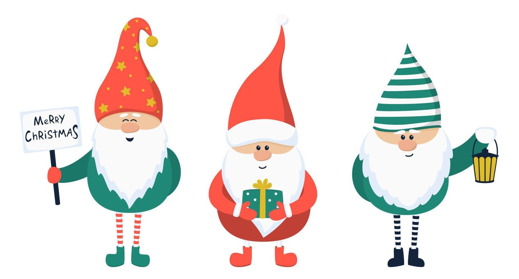 gnomos de navidad de dibujos animados. duende con linterna, regalo y letrero. ilustración vectorial plana vector