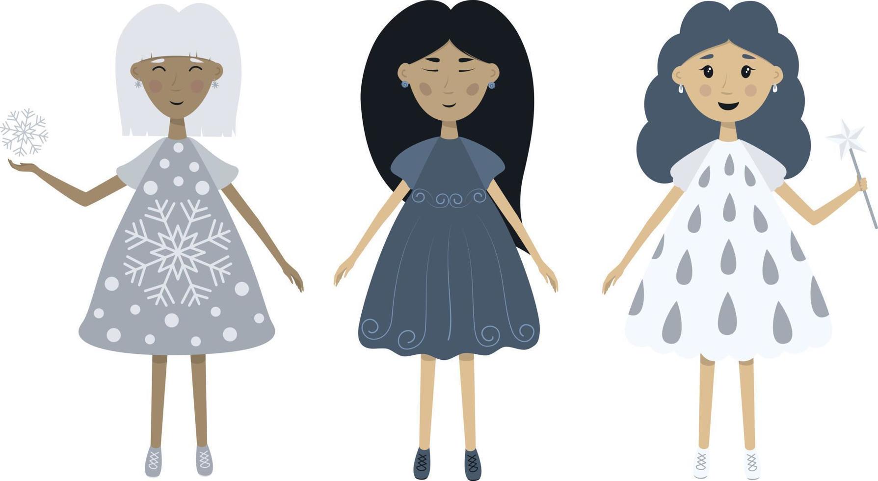 Cartoon girls with magic wand. Weather fairies. Flat vector illustration