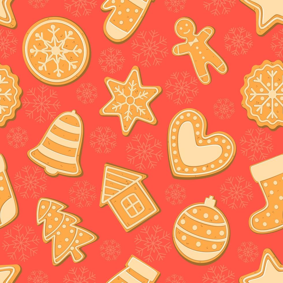 Christmas cookies on a red background. Seamless patterns on the New Year theme. Wrapping paper, fabric design. Vector image