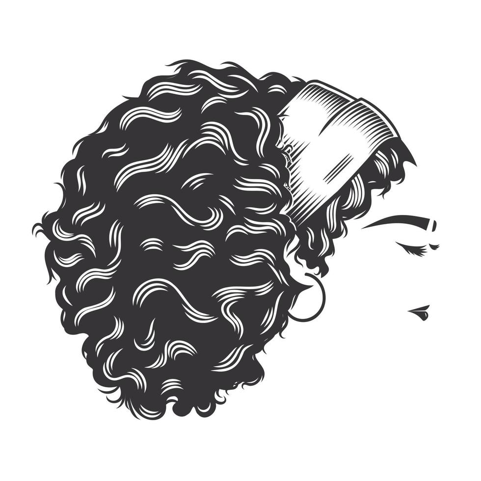 Woman face with Afro Messy Bun vintage hairstyles vector line art illustration.