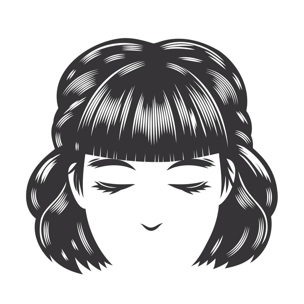 Rostro de mujer con peinados vintage para ilustración de arte de línea de vector de cabello medio.