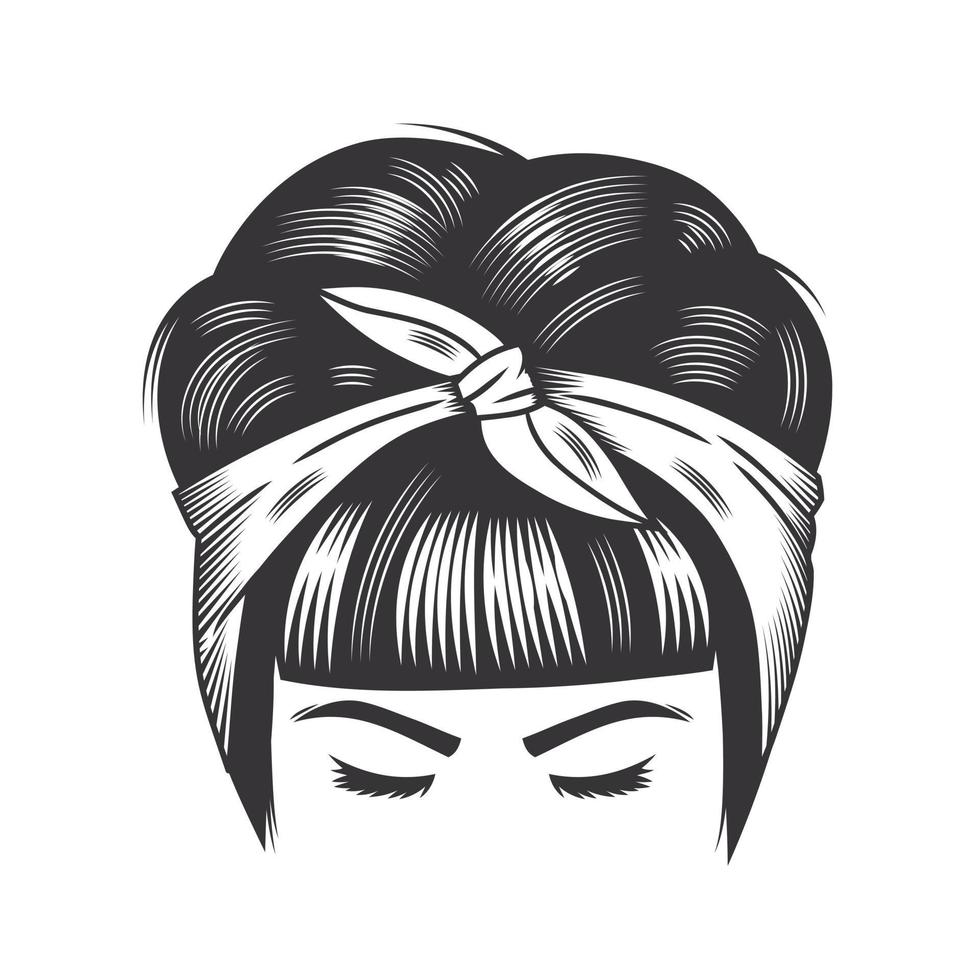 Cara de mujer con peinados de moño de diadema vintage para ilustración de arte de línea de vector de pelo corto.