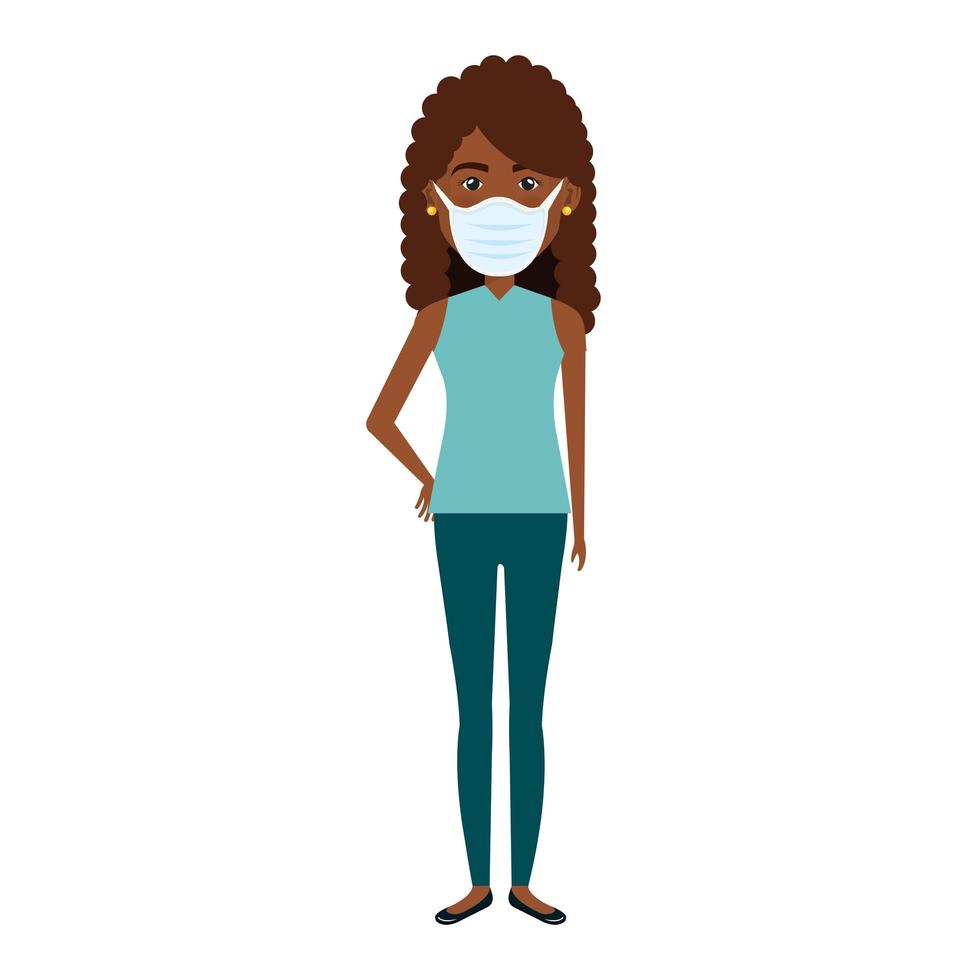 mujer joven, afro, con, mascarilla, aislado, icono vector