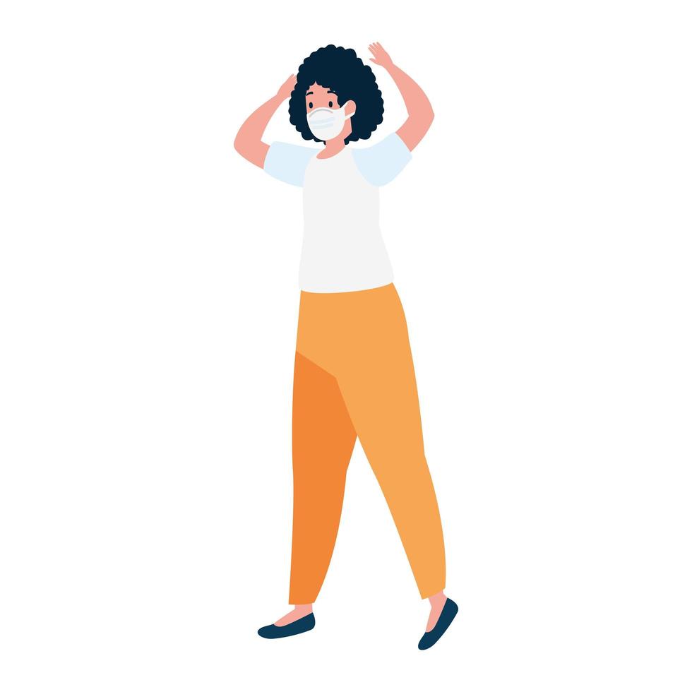 woman walking using face mask with hands up vector