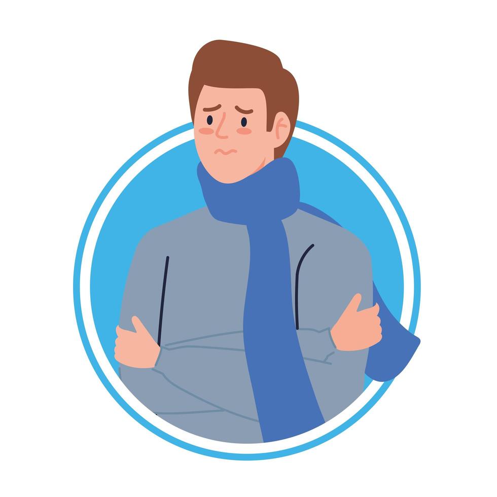 man with scarf sick of covid 19 in frame circular vector