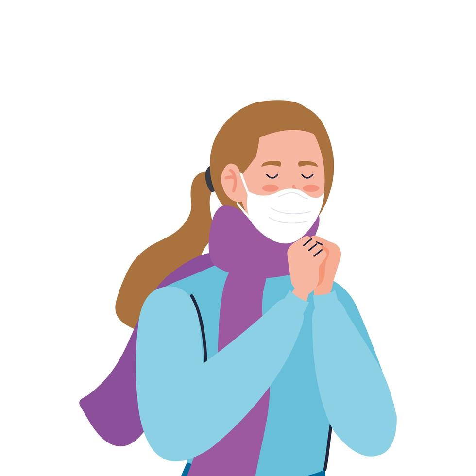 woman using face mask sick of covid 19 vector